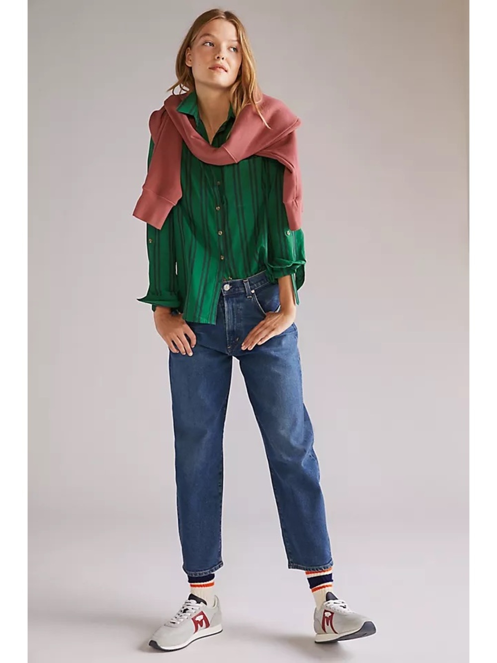 Anthropologie Maeve Green & Blue Striped Button Down Long Sleeve Shirt